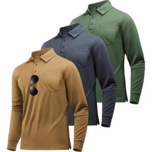 imageZITY 3 Pack Long Sleeve Polo Shirts for Men with Pocket Moisture Wicking Outdoor Workwear Office Casual Collared Shirts FallBlackarmy Greenkhaki