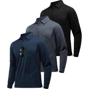 imageZITY 3 Pack Long Sleeve Polo Shirts for Men with Pocket Moisture Wicking Outdoor Workwear Office Casual Collared Shirts FallBlackgreynavy