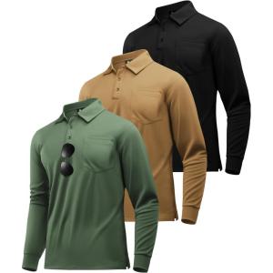 imageZITY 3 Pack Long Sleeve Polo Shirts for Men with Pocket Moisture Wicking Outdoor Workwear Office Casual Collared Shirts FallBlackkhakiarmy Green