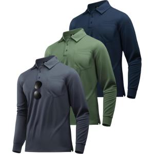 imageZITY 3 Pack Long Sleeve Polo Shirts for Men with Pocket Moisture Wicking Outdoor Workwear Office Casual Collared Shirts FallGreyarmy Greennavy