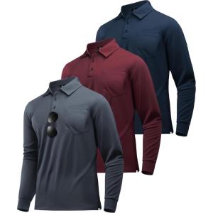 imageZITY 3 Pack Long Sleeve Polo Shirts for Men with Pocket Moisture Wicking Outdoor Workwear Office Casual Collared Shirts FallGreywine Rednavy