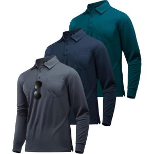 imageZITY 3 Pack Long Sleeve Polo Shirts for Men with Pocket Moisture Wicking Outdoor Workwear Office Casual Collared Shirts FallNavygreydark Teal Blue