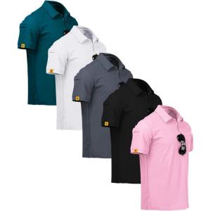 imageZITY 5 Pack Mens Polo Shirt Short Sleeve Sports Golf Tennis TShirt MoistureWicking Summer ShirtsTeal White Grey Black Pink