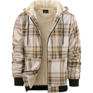 imageZITY Heavy Thick Hoodies for Men Plaid Flannel Warm Sherpa Fleece Lined Winter Full Zip Up CoatBeige