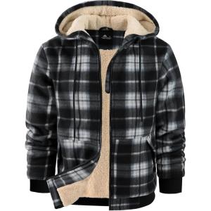imageZITY Heavy Thick Hoodies for Men Plaid Flannel Warm Sherpa Fleece Lined Winter Full Zip Up CoatBlack White
