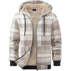 imageZITY Heavy Thick Hoodies for Men Plaid Flannel Warm Sherpa Fleece Lined Winter Full Zip Up CoatLight Gray White