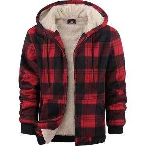imageZITY Heavy Thick Hoodies for Men Plaid Flannel Warm Sherpa Fleece Lined Winter Full Zip Up CoatRed