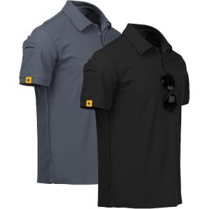 imageZITY Mens 2 Pack Polo Shirts Short Sleeve Performance Sports Golf Shirt for Men Tactical ShirtBlack Grey