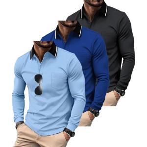 imageZITY 3 Pack Men Polo Shirts Long Sleeve with Pocket Golf Shirts Shirts for Men Casual Work Athletic Collared TShirtsGrey Lightblue Sapphireblue