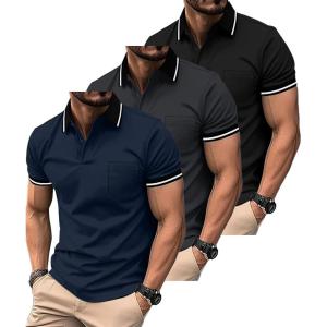imageZITY 3 Pack Men Polo Shirts Short Sleeve with Pocket Sport Wicking Shirts for Men Casual Athletic Collared TShirtsBblack Grey Navy