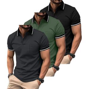 imageZITY 3 Pack Men Polo Shirts Short Sleeve with Pocket Sport Wicking Shirts for Men Casual Athletic Collared TShirtsBlack Green Grey