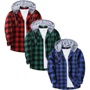 imageZITY 3 Pack Mens Flannel Hoodie Shirts Long Sleeve Casual Vintage Button Down Plaid Shirt Jacket with PocketBlue Green Red