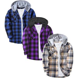imageZITY 3 Pack Mens Flannel Hoodie Shirts Long Sleeve Casual Vintage Button Down Plaid Shirt Jacket with PocketDeepbluebeige Blackpurple Blue