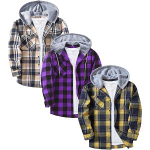 imageZITY 3 Pack Mens Flannel Hoodie Shirts Long Sleeve Casual Vintage Button Down Plaid Shirt Jacket with PocketDeepbluebeige Purple Yellownavy