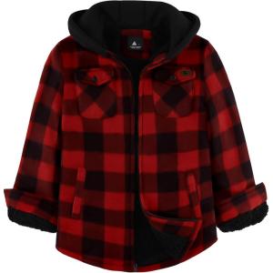 imageZITY Boys Flannel Shirt Jacket Fleece Sherpa Lined Plaid Jackets Unisex Coat Full Zip Hoodie Girls Winter Outwear 615 YearsRed Black