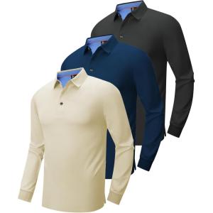 imageZITY Long Sleeve Polo Shirts for Men 3 Pack Collared Performance Golf Polos Mens Casual Shirts Moisture Wicking WorkwearBeige  Navy  Dark Grey