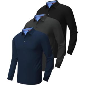 imageZITY Long Sleeve Polo Shirts for Men 3 Pack Collared Performance Golf Polos Mens Casual Shirts Moisture Wicking WorkwearBlack  Dark Blue  Dark Grey