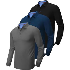 imageZITY Long Sleeve Polo Shirts for Men 3 Pack Collared Performance Golf Polos Mens Casual Shirts Moisture Wicking WorkwearBlack  Navy  Grey