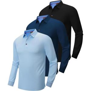 imageZITY Long Sleeve Polo Shirts for Men 3 Pack Collared Performance Golf Polos Mens Casual Shirts Moisture Wicking WorkwearLight Blue  Black  Navy