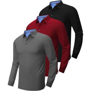 imageZITY Long Sleeve Polo Shirts for Men 3 Pack Collared Performance Golf Polos Mens Casual Shirts Moisture Wicking WorkwearRed  Black  Grey