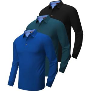 imageZITY Long Sleeve Polo Shirts for Men 3 Pack Collared Performance Golf Polos Mens Casual Shirts Moisture Wicking WorkwearRoyal Blue  Teal  Black