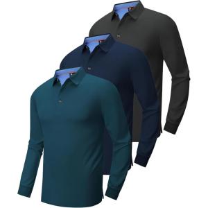 imageZITY Long Sleeve Polo Shirts for Men 3 Pack Collared Performance Golf Polos Mens Casual Shirts Moisture Wicking WorkwearTeal  Deep Blue  Dark Grey