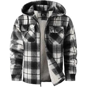 imageZITY Mens Flannel Hooded Jacket Fleece Sherpa Lined Plaid Shirts Jackets Zip Up Sweatshirt Hoodies for Men with 4 PocketsBlack