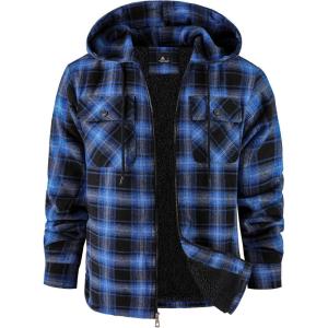 imageZITY Mens Flannel Hooded Jacket Fleece Sherpa Lined Plaid Shirts Jackets Zip Up Sweatshirt Hoodies for Men with 4 PocketsBlack Blue