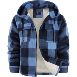 imageZITY Mens Flannel Hooded Jacket Fleece Sherpa Lined Plaid Shirts Jackets Zip Up Sweatshirt Hoodies for Men with 4 PocketsBlue