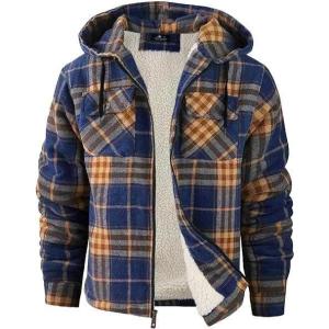 imageZITY Mens Flannel Hooded Jacket Fleece Sherpa Lined Plaid Shirts Jackets Zip Up Sweatshirt Hoodies for Men with 4 PocketsBlue Orange