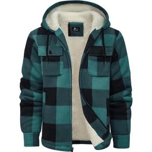 imageZITY Mens Flannel Hooded Jacket Fleece Sherpa Lined Plaid Shirts Jackets Zip Up Sweatshirt Hoodies for Men with 4 PocketsGreen