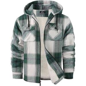 imageZITY Mens Flannel Hooded Jacket Fleece Sherpa Lined Plaid Shirts Jackets Zip Up Sweatshirt Hoodies for Men with 4 PocketsGreen White