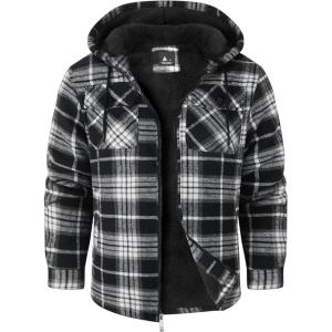imageZITY Mens Flannel Hooded Jacket Fleece Sherpa Lined Plaid Shirts Jackets Zip Up Sweatshirt Hoodies for Men with 4 PocketsGrey White Black