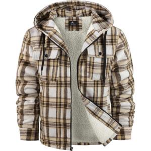 imageZITY Mens Flannel Hooded Jacket Fleece Sherpa Lined Plaid Shirts Jackets Zip Up Sweatshirt Hoodies for Men with 4 PocketsKhaki