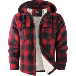 imageZITY Mens Flannel Hooded Jacket Fleece Sherpa Lined Plaid Shirts Jackets Zip Up Sweatshirt Hoodies for Men with 4 PocketsRed Black