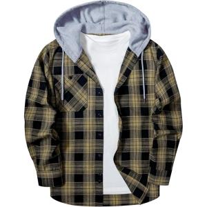 imageZITY Mens Flannel Hoodie Shirts Casual Button Down Plaid Shirt Jackets for Men Long Sleeve Stylish Hooded with PocketBlack Beige