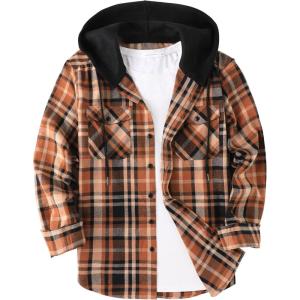 imageZITY Mens Flannel Hoodie Shirts Casual Button Down Plaid Shirt Jackets for Men Long Sleeve Stylish Hooded with PocketBlack Orange