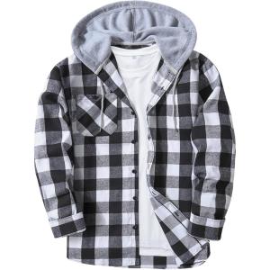imageZITY Mens Flannel Hoodie Shirts Casual Button Down Plaid Shirt Jackets for Men Long Sleeve Stylish Hooded with PocketBlack White Gray