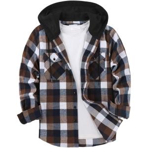 imageZITY Mens Flannel Hoodie Shirts Casual Button Down Plaid Shirt Jackets for Men Long Sleeve Stylish Hooded with PocketBrown White