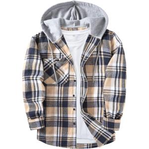 imageZITY Mens Flannel Hoodie Shirts Casual Button Down Plaid Shirt Jackets for Men Long Sleeve Stylish Hooded with PocketNavybeigewhite
