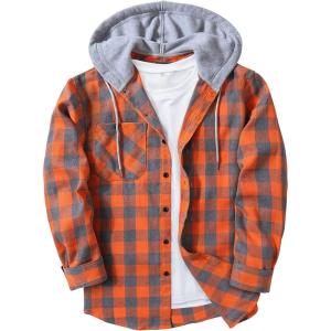 imageZITY Mens Flannel Hoodie Shirts Casual Button Down Plaid Shirt Jackets for Men Long Sleeve Stylish Hooded with PocketOrange Grey