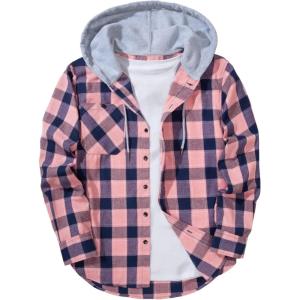 imageZITY Mens Flannel Hoodie Shirts Casual Button Down Plaid Shirt Jackets for Men Long Sleeve Stylish Hooded with PocketPink