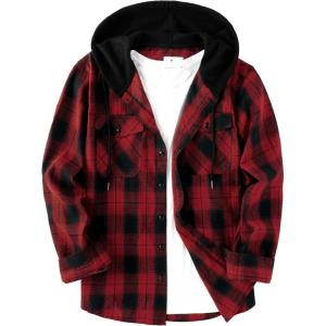 imageZITY Mens Flannel Hoodie Shirts Casual Button Down Plaid Shirt Jackets for Men Long Sleeve Stylish Hooded with PocketRed Black