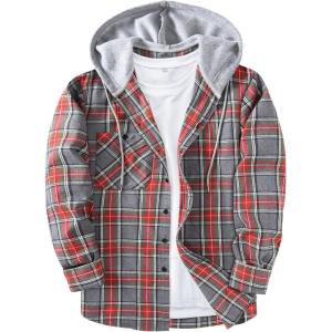imageZITY Mens Flannel Hoodie Shirts Casual Button Down Plaid Shirt Jackets for Men Long Sleeve Stylish Hooded with PocketRedgray