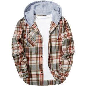 imageZITY Mens Flannel Hoodie Shirts Casual Button Down Plaid Shirt Jackets for Men Long Sleeve Stylish Hooded with PocketWine Red Beige