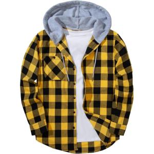 imageZITY Mens Flannel Hoodie Shirts Casual Button Down Plaid Shirt Jackets for Men Long Sleeve Stylish Hooded with PocketYellow