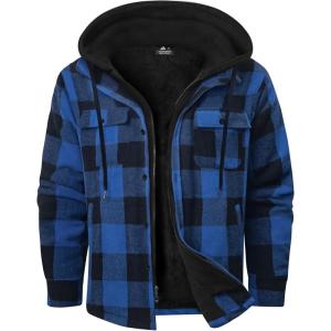 imageZITY Mens Sherpa Flannel Shirt Jacket Plaid Fleece Lined Hoodie Full Zip Long Sleeve Winter Warm Coat for MenBlue