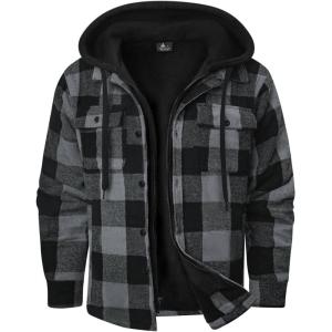 imageZITY Mens Sherpa Flannel Shirt Jacket Plaid Fleece Lined Hoodie Full Zip Long Sleeve Winter Warm Coat for MenGrey