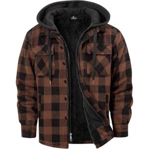 imageZITY Mens Sherpa Flannel Shirt Jacket Plaid Fleece Lined Hoodie Full Zip Long Sleeve Winter Warm Coat for MenKhaki