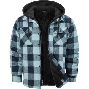 imageZITY Mens Sherpa Flannel Shirt Jacket Plaid Fleece Lined Hoodie Full Zip Long Sleeve Winter Warm Coat for MenLight Green